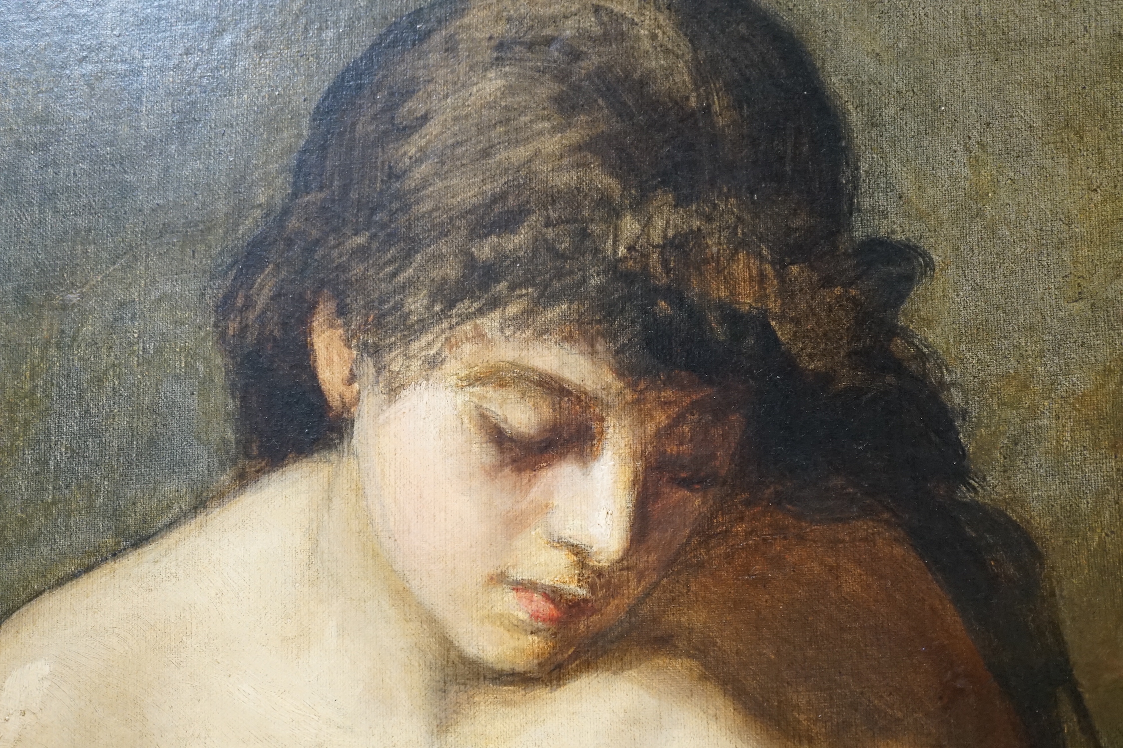 Late 19th Century French School, Seated female nude holding a seashell, oil on canvas, 78 x 98cm